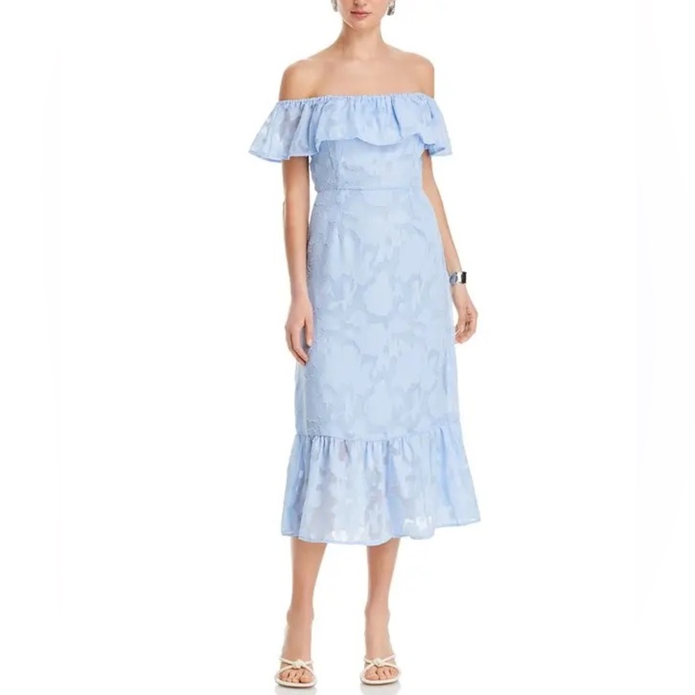Koko + Mason Off Shoulder Midi Dress Jacquard Smocked Textured Ruffle Blue L NWT